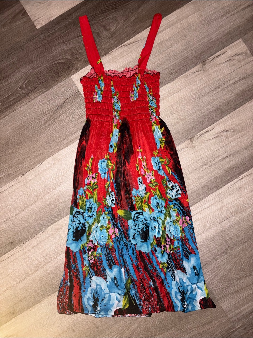 Vintage 2000s Red Floral Sundress with Blue Flower Print